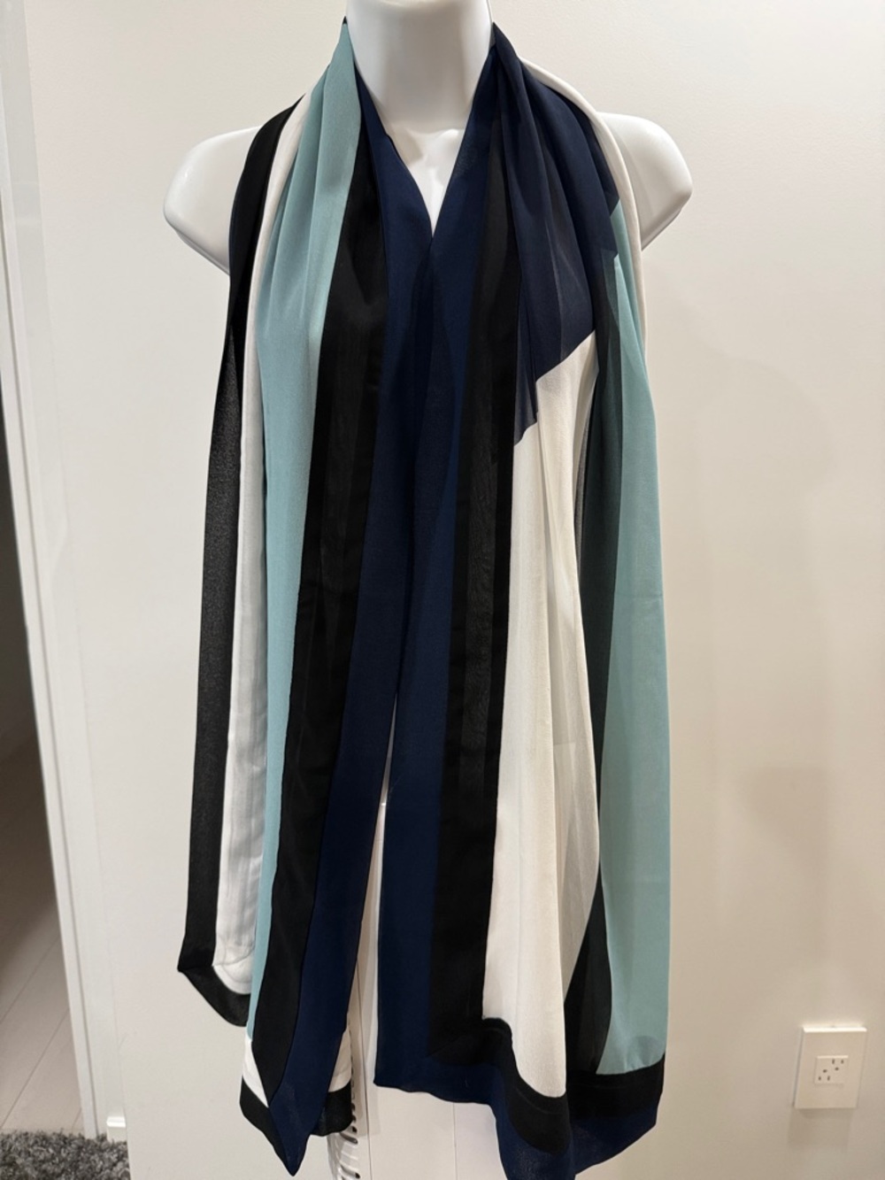 Striped Lightweight Scarf in Navy, Black, White & Mint